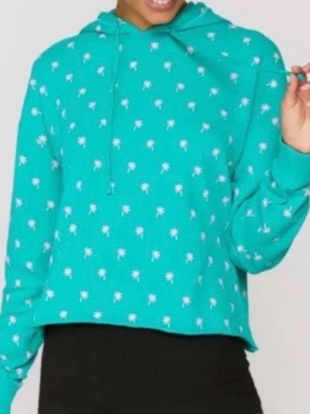 Spiritual Gangster Emerald Cropped Hoodie with Pink Palm Tree Print